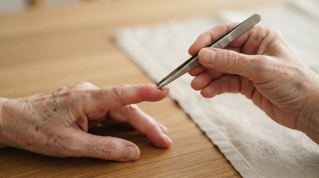 Elderly woman removing a splinter from her finger with tweezers at home, conceptual image for first aid