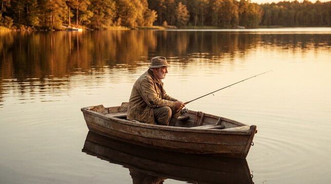 Solo outdoor retreat, an elderly man peacefully fishes alone on a tranquil lake at sunset