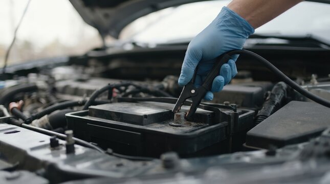 Mechanic using jumper cables to jump start a car battery under the hood of a vehicle for roadside assistance