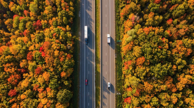 Aerial View Of Highway Cutting Through Autumn Forest With Cars And Trucks On Road