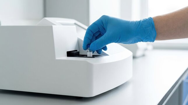 Scientist in blue gloves loading a sample vial into a laboratory testing machine for analysis