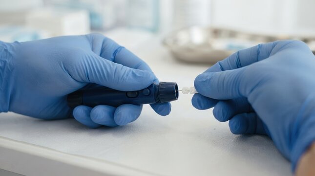 Medical professional preparing lancing device for blood glucose test in a clinic