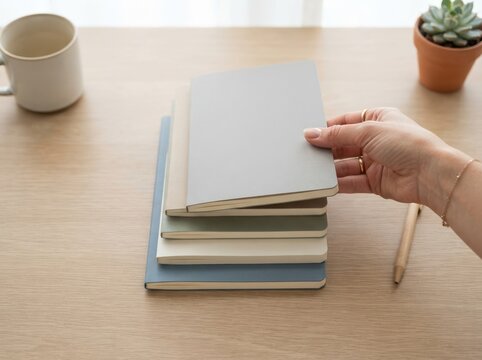 Woman holding a stack of colorful notebooks on a wooden desk with a coffee mug and plant