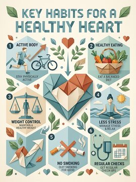 Key habits for a healthy heart infographic in paper cut style