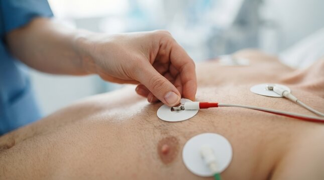 Male patient getting ECG electrodes attached to his chest by a medical professional in a clinic