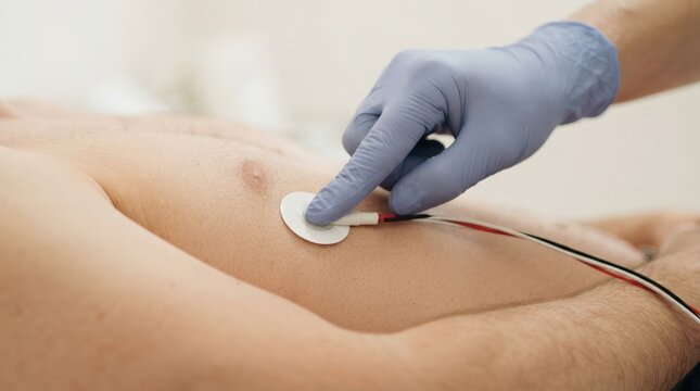 Medical professional applying ECG sensor electrode on male patient chest in clinic examining heart health