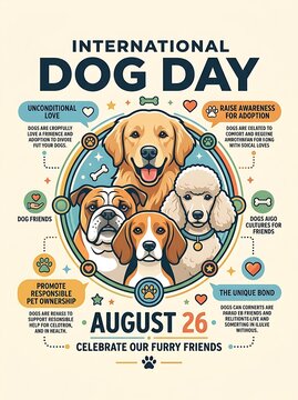 International dog day poster with diverse breeds on august 26th