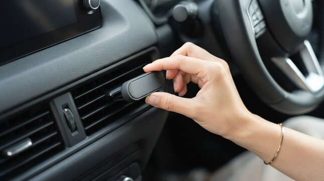 Woman installing a magnetic smartphone holder into the air vent of a modern car interior
