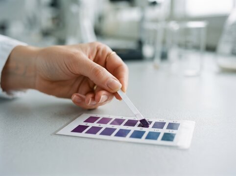 A close-up of a female scientist testing the pH level with a color chart in a laboratory