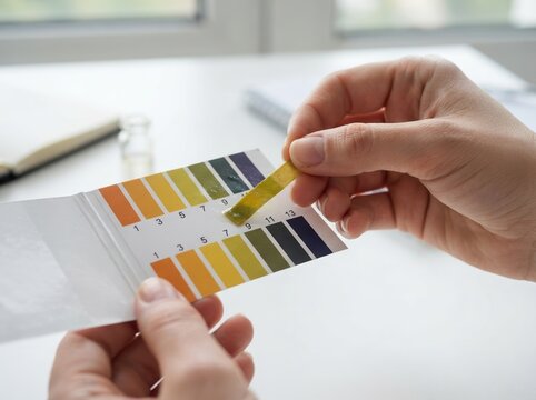 Person using pH paper test strip to check chemical acidity level in a laboratory setting