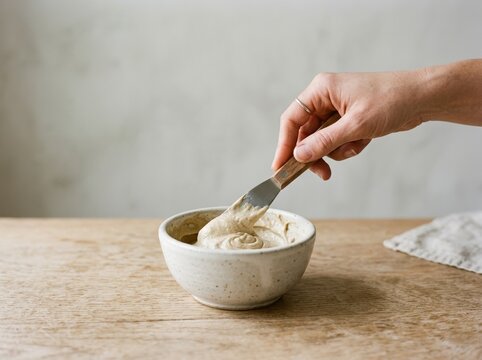 Woman mixing tahini paste in a ceramic bowl with a spatula on a wooden table, representing homemade healthy food preparation