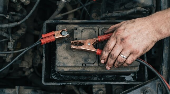 Mechanic hands jumping a car battery with jumper cables in an engine bay for automotive repair