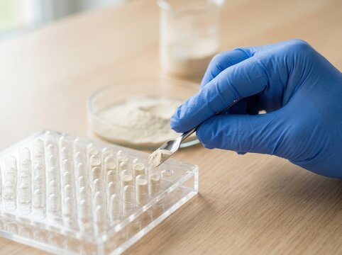 Scientist filling capsules with powder supplement in a laboratory for health and wellness production