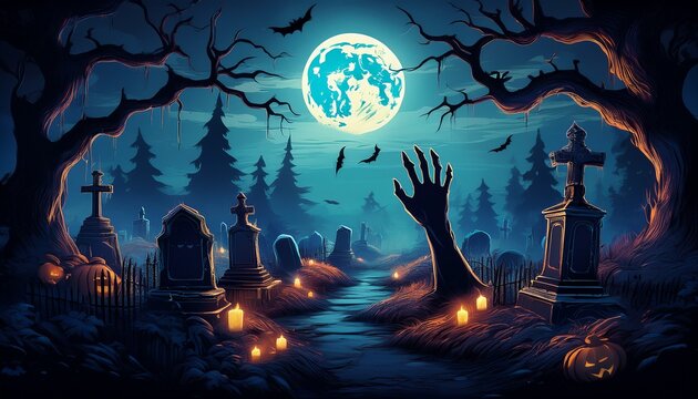 a spooky graveyard scene with glowing moon and skeletal hands
