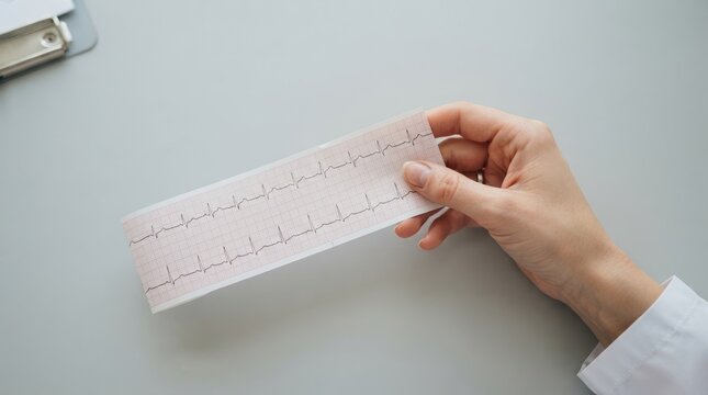 Female doctor holding ECG printout strip in medical office analyzing patient heart rhythm