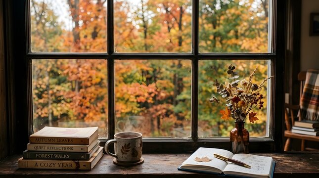 Cozy autumn window view with stack of books and a warm coffee mug