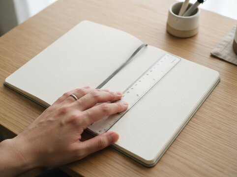 Person using a ruler on an empty dotted notebook page on a wooden desk for journaling and planning