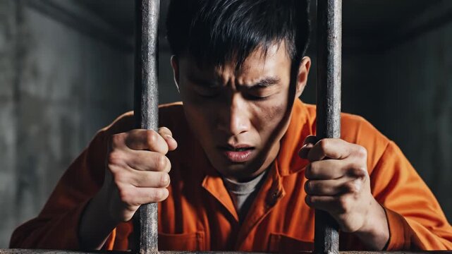Distressed Inmate Gripping Prison Bars In Orange Jumpsuit
