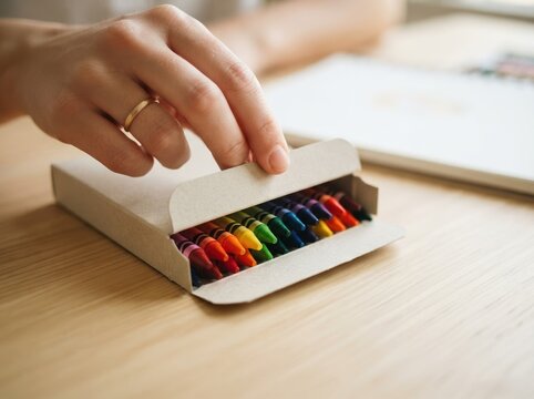 Woman opening a cardboard box of colorful wax crayons on a wooden table for creative art work
