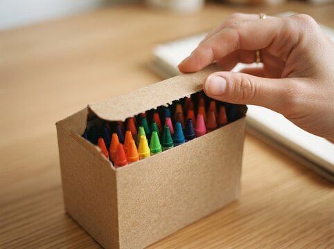 A hand opening a box of colorful crayons on a wooden table, representing creativity and arts and crafts for kids