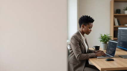 Fototapeta premium Modern office business woman laptop coding workspace coffee bookshelf focus technology professional modern office workspace with focused business woman codingremote work woman laptop concept