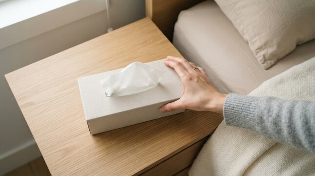 Woman reaching for a tissue box on a wooden nightstand in a cozy bedroom setting for healthcare and comfort