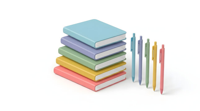 Stack of colorful notebooks and pens. Pastel stationery supplies for school or office.