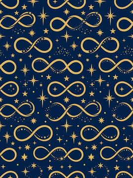 Gold infinity symbols and stars seamless pattern on dark blue