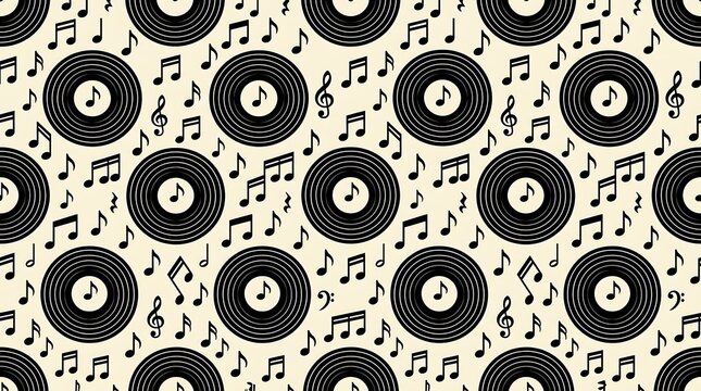 Seamless pattern of black vinyl records and musical notes