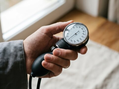 Adult Caucasian man measuring blood pressure using a handheld aneroid sphygmomanometer in a close up view representing health care and medical diagnosis