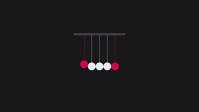 Newton's cradle physics pendulum animation: minimalist red and 4k white spheres swinging in perpetual motion for science and business concepts
