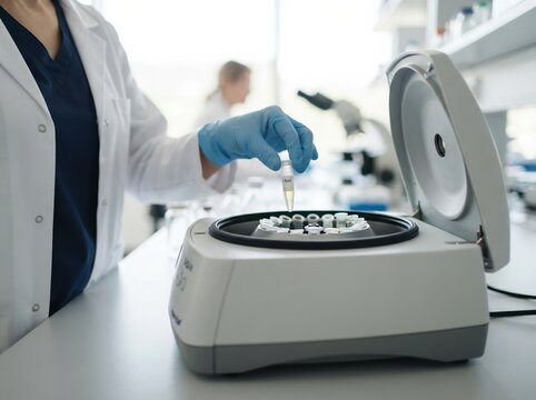 Female scientist wearing lab coat loading test tube into laboratory centrifuge for medical research