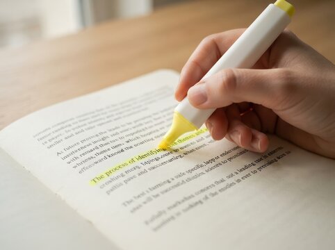 Close-up of a person using a yellow highlighter to mark text in a book, representing studying and learning