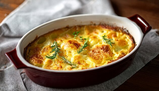creamy potato gratin with golden melted cheese crust in a ceramic baking dish elegant comfort food styling warm natural light
