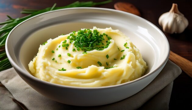 creamy mashed potatoes topped with fresh chives and melted butter in a white ceramic bowl cozy homemade meal ultra photorealistic food photography