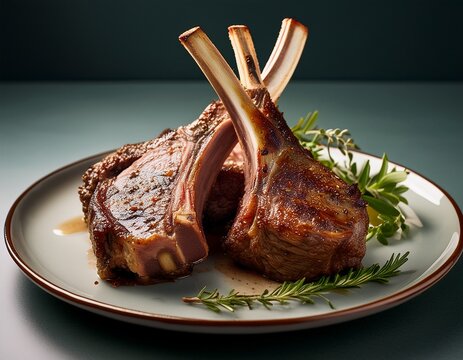 new zealand roasted lamb rack on ceramic plate perfectly seared surface with herbs soft natural daylight minimalist background shallow depth of field ultra realistic food photography