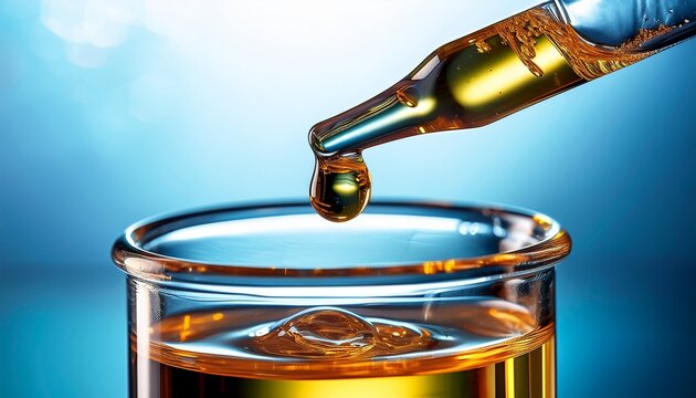 precise drop of golden liquid from a pipette into a laboratory beaker