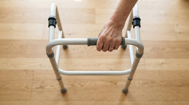 Elderly woman holding a walking frame for mobility support indoors on wooden flooring