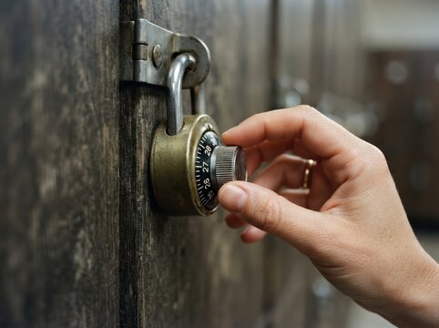 Woman opening a combination padlock on a wooden locker in a school hallway