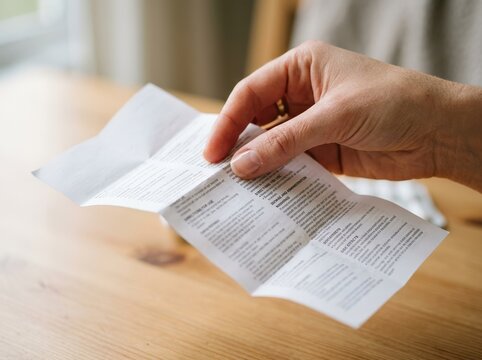 Woman holding a folded medicine leaflet instruction paper on a wooden table close up view