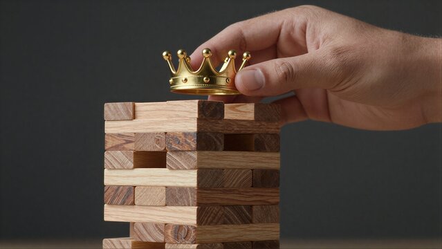 Hand places golden crown atop precarious wooden block tower, symbolizing power and risk.