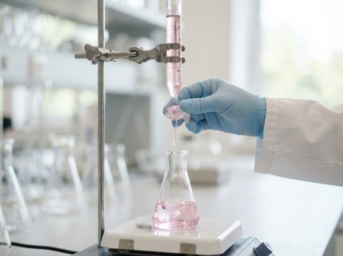 A scientist in a white coat and blue gloves performing a chemical titration in a modern laboratory