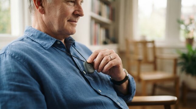 Senior man pressing an emergency alert pendant alarm button around his neck at home