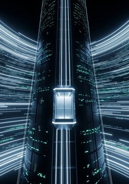 A glass elevator platform ascends through a massive dark vertical shaft filled with rushing neon white light lines and glowing circuitry, architecture, transparent, scale