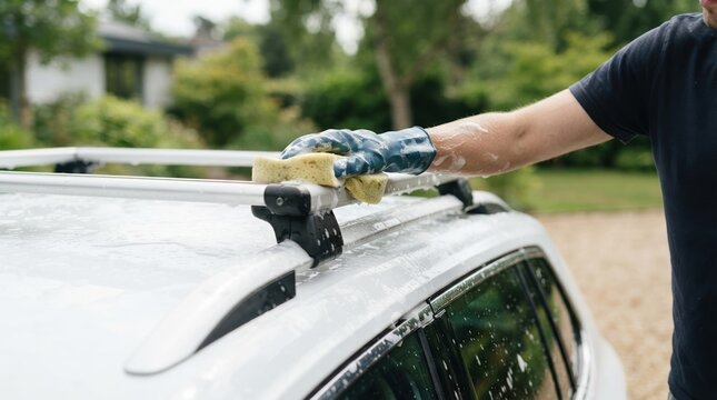 Man washing car roof rack with sponge and soapy water, close up detail shot of vehicle cleaning process