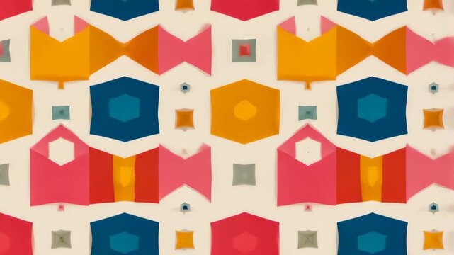 Geometric Pattern Harmony: A vibrant and playful seamless geometric pattern featuring a harmonious blend of colorful shapes and motifs, evoking a sense of modern design and artistic flair.