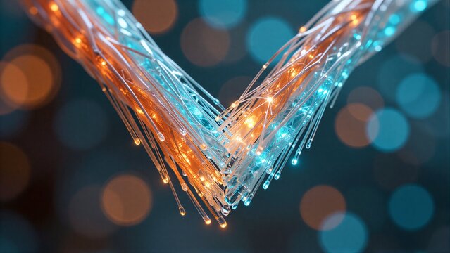 Twisted fiber optic cables glow with blue and orange light against blurred bokeh background.
