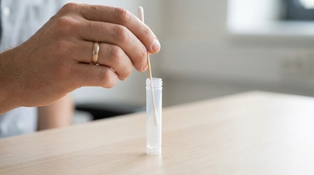 Man using a cotton swab to take a saliva sample into a collection tube for a DNA test or health screening