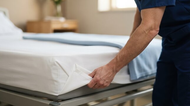Male nurse making hospital bed with white sheets in a patient room, healthcare concept for medical care