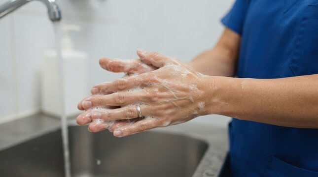Healthcare worker washing hands with soap and water in sink to prevent infection and maintain hygiene